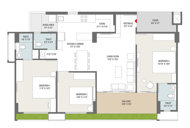3 BHK floor plan
