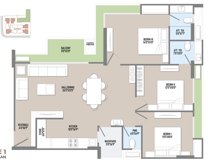 3 BHK floor plan