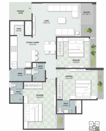 3 BHK floor plan