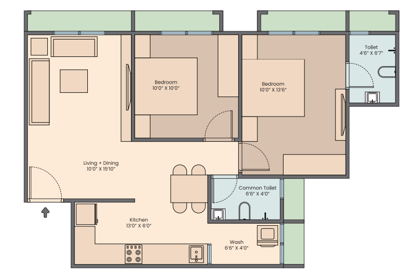 2 BHK floor plan